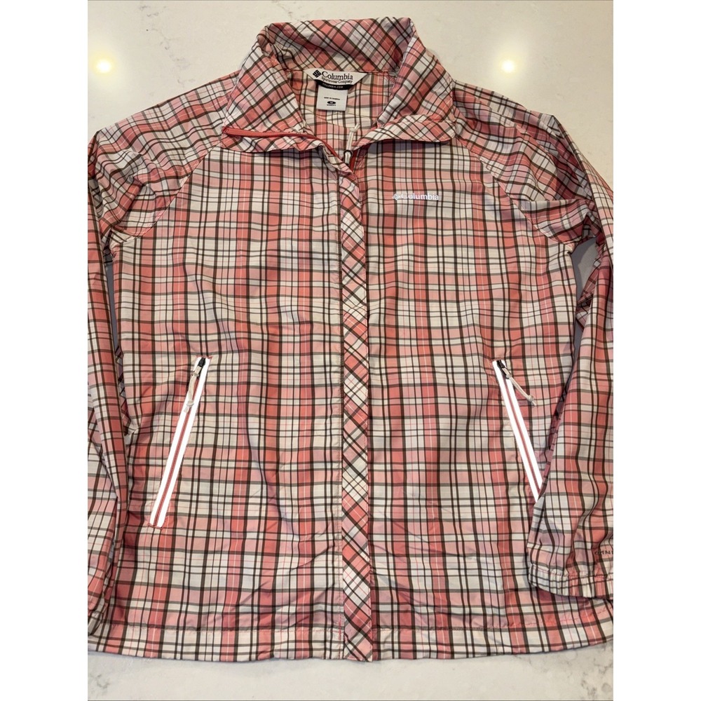 Columbia Jacket Womens M Pink Plaid Lightweight Packable‎ Full Zip Rain Coat EUC